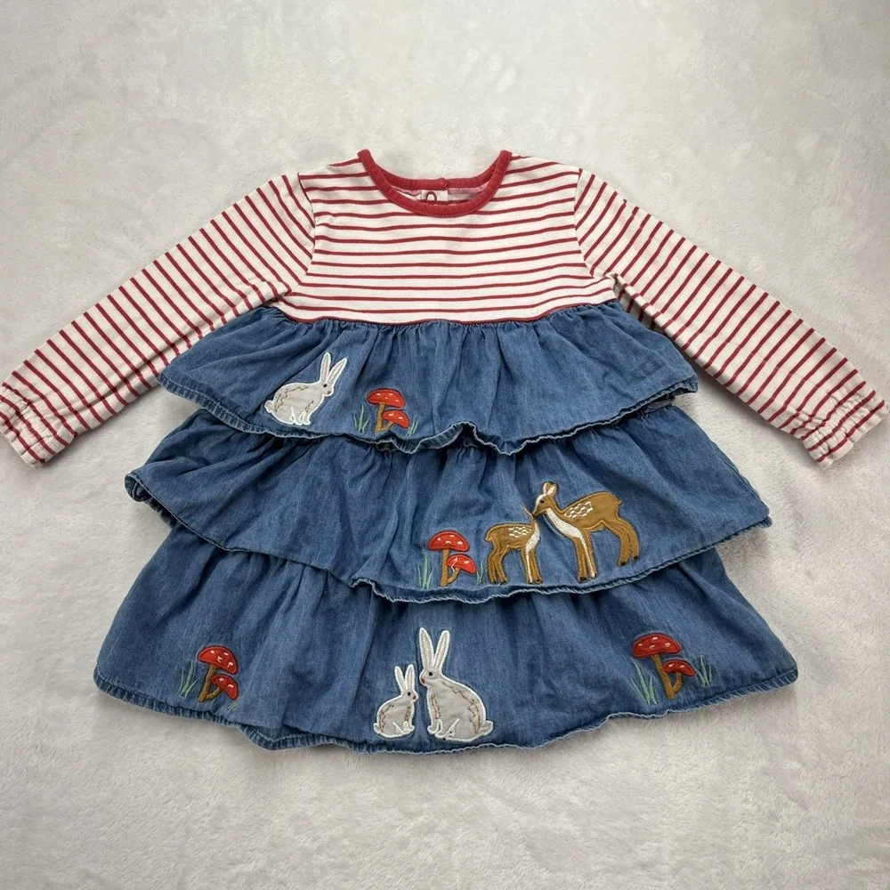 Baby Boden Tiered Applique Dress Baby Girls 12-18m Forest Animals Mushrooms